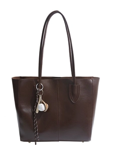 Deep brown leather tote bag with vintage large capacity design and baseball charm detail