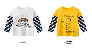 Detail of cream and golden long sleeve cotton t-shirts with striped faux layered sleeves