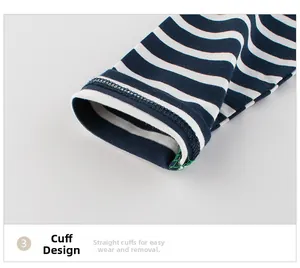 Detail view of blue and white striped cotton cuffs with durable double-needle stitching