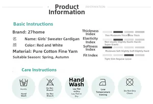Tableau détaillé montrant les spécificités du tissu et l'entretien du cardigan rayé