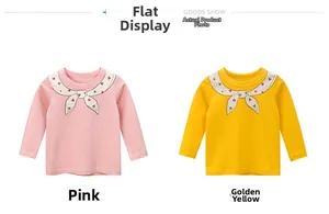 Détail de t-shirts manches longues pour filles en coton rose et jaune avec motif écharpe
