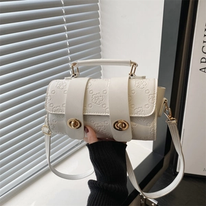 Women Retro PU Leather Embossed Flower Crossbody Bag Top Handle Small Shoulder Bag Vintage Cylinder Handbag Gold Turn Lock