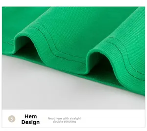 Detail of neatly stitched double-needle hem on a green rib-knit cotton kids shirt