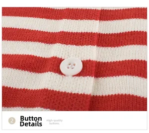Vue macro d'un bouton blanc sur un cardigan en tricot à rayures rouges et blanches