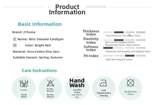 Detailed size chart and washing instructions for red cotton knit cardigan for girls