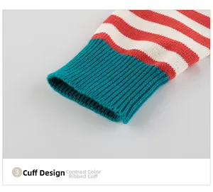 Détail du poignet contrasté et du motif tricoté rayé rouge et blanc sur le pull