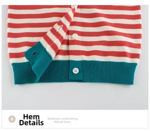Détail du cardigan rayé rouge et blanc avec ourlet côtelé vert foncé et bouton blanc
