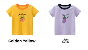 Detail of cotton kids t-shirts with orange and eggplant prints and ribbed necklines