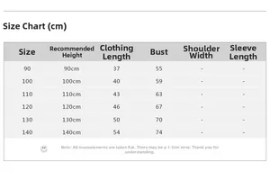 Size chart with measurements in cm for girls summer short sleeve t-shirts heights 90-140cm