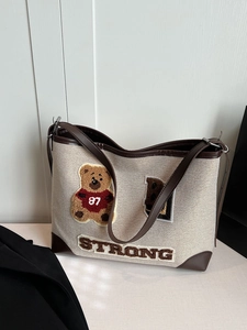 Women Canvas Tote Bag With Faux Leather Trim Cute Bear Patch Embroidery Letter Print Large Capacity Retro College Style