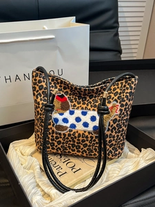 Women Retro Leopard Print Bucket Bag Canvas Crossbody Shoulder Bag With Cute Dachshund Dog Embroidery Fashion Casual Tote