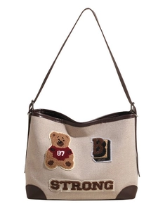 Retro canvas tote bag with bear embroidery and brown leather trim for casual style