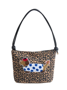 Leopard print bucket bag with dachshund embroidery and adjustable black shoulder strap