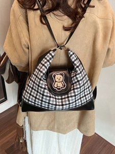 Large capacity plaid tote bag with bear patch and black leather trim for women