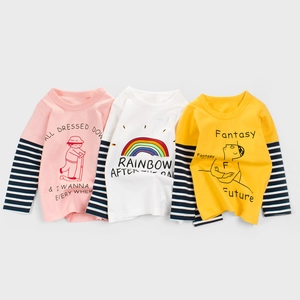 Girls Long Sleeved T Shirt Cotton Striped Faux Two Piece Patchwork Round Neck Casual Cartoon Graphic Print Kids Autumn