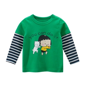 Green long-sleeve kids T-shirt with navy stripes and 'You can do it' cartoon graphic