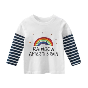 Kids long sleeve rainbow t-shirt with striped sleeves in white cotton fabric