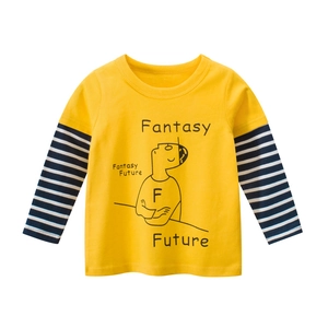 Yellow long sleeve kids T-shirt with black white striped sleeves and cartoon print