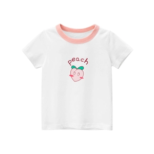 White cotton t-shirt for girls featuring a peach graphic and pink ribbed crew neck