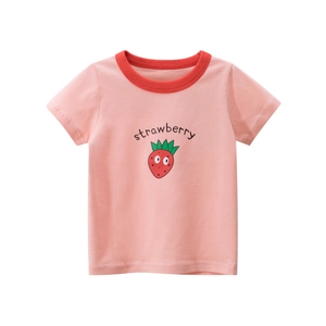 Girl's pink cotton short sleeve T-shirt with strawberry print and contrast crew neck