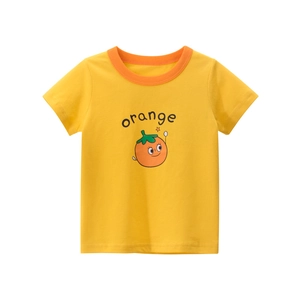Kids bright yellow cotton t-shirt featuring cartoon orange print and contrast crew neck