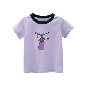Lavender cotton girl's T-shirt with cartoon eggplant print and black contrast crew neck