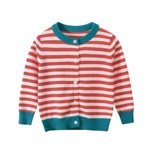 Gilet Tricoté Pour Tout-Petits Filles Garçons Pur Coton Manches Longues Col Rond Boutonné Pull Rayé Rouge Blanc