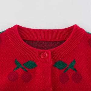 Girl's red knit cardigan with cherry jacquard and ribbed round neck collar