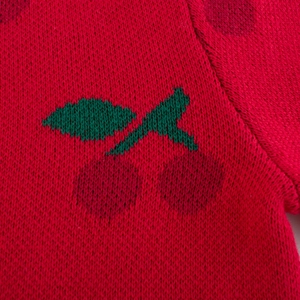 Girl's red knit cardigan sweater featuring a cute cherry jacquard pattern texture