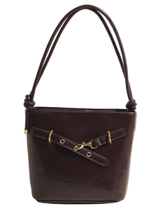 Deep brown glossy leather bucket bag with gold metal buckle and knotted strap details