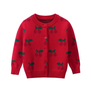Red knit kids' cardigan featuring all-over cherry jacquard pattern and button closure