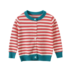 Cardigan en tricot rayé rouge et blanc pour filles avec col et poignets bleus côtelés