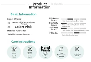 Size chart for pink girls' cotton T-shirt with fabric details and washing instructions