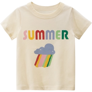 T-shirt enfant en coton crème avec imprimé arc-en-ciel d'été et col rond confortable