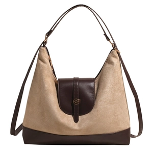 Large capacity beige and brown patchwork tote bag with gold hardware and shoulder strap