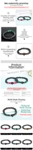 Detailed view of lava stone bracelets with tiger eye beads and wolf head charms in multiple colors