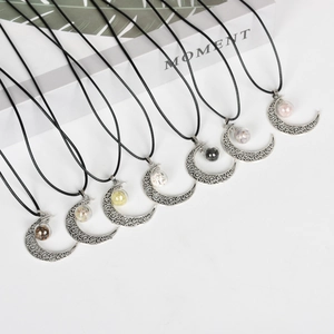 Set of retro silver crescent moon necklaces with colorful natural crystal stone spheres