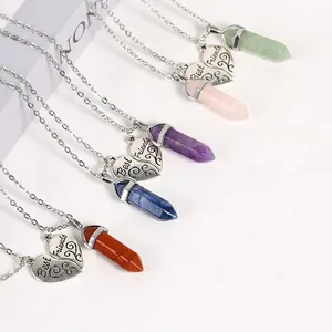 Hexagonal Crystal Pillar Best Friend Necklaces With Heart Pendant Natural Gemstone For Women Girls Friendship Jewelry