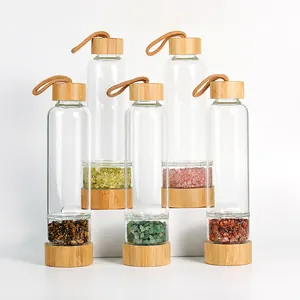 Natural Crystal Gravel Energy Glass Water Bottle With Portable Bamboo Lid Healing Stones Chamber Glassware Yoga Wellness Drinkware