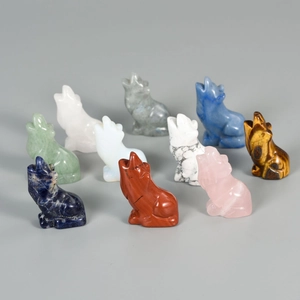 Set of 10 hand-carved natural gemstone wolf figurines in various healing crystals