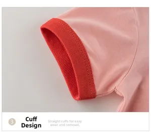 Detail of pink cotton t-shirt sleeve with red ribbed cuff and high-quality stitching