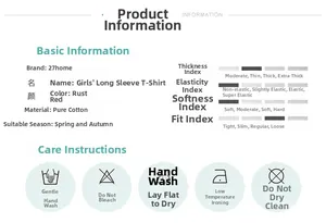Detail specifications and fabric care chart for cotton long sleeve girls t-shirt in rust red