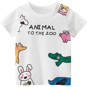 T-shirt blanc en coton pour enfants avec imprimés animaux du zoo et col rond