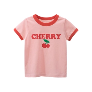 Girls Cotton Short Sleeve Ringer T-Shirt Cherry Print Cute Casual Summer Round Neck Top For Toddlers