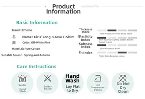 Detailed size and fabric specification chart for girls' long sleeve cotton t-shirt