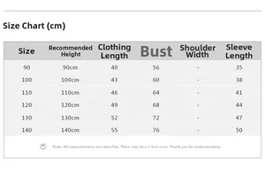 Detailed size chart in centimeters for girls cartoon long sleeve t-shirt and autumn clothing