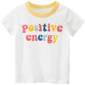 T-shirt da bambina in cotone bianco con colletto giallo e stampa positive energy