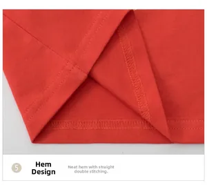 Detail of red knit shirt hem featuring clean and durable double-needle stitching