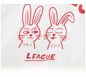 Close-up of white cotton fabric featuring red cartoon rabbit graphics and League text
