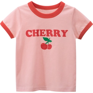 Girl's ringer t-shirt in pink with cherry print and red contrast ribbing edges